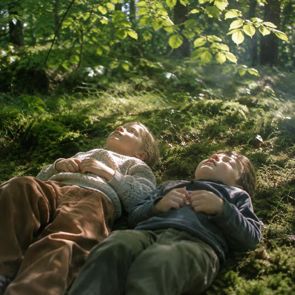 Dos niños tumbados en el musgo del bosque mirando las hojas