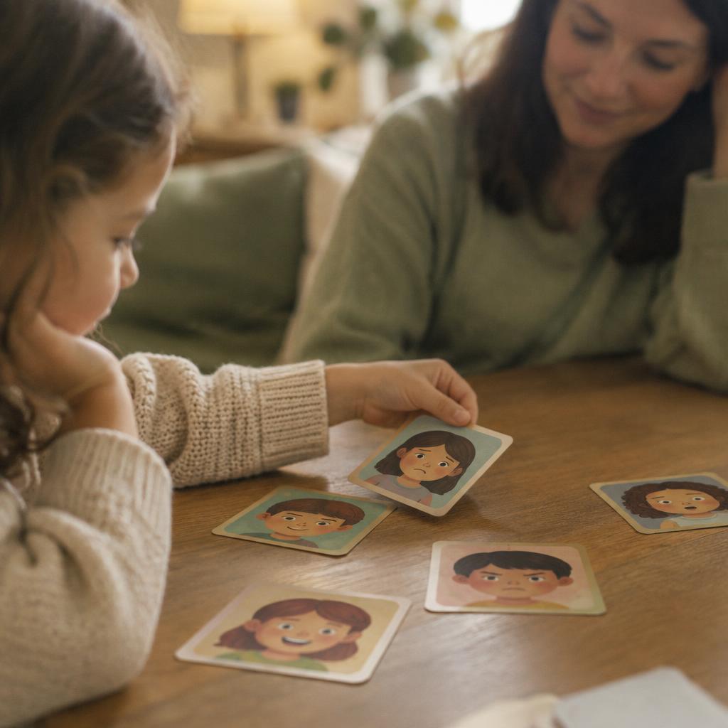 Una niña y su acompañante jugando con cartas de emociones
