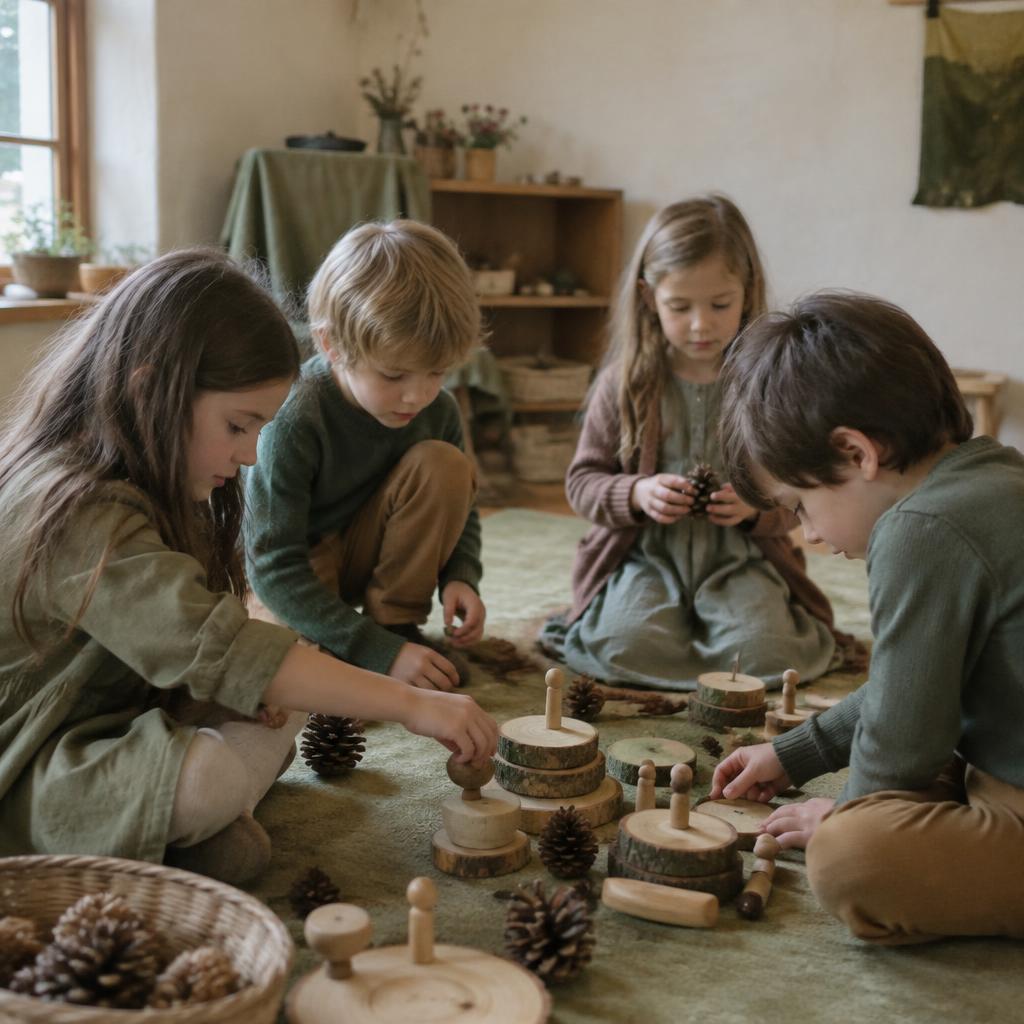 Niños jugando con piezas de madera y piñas en La Madriguera