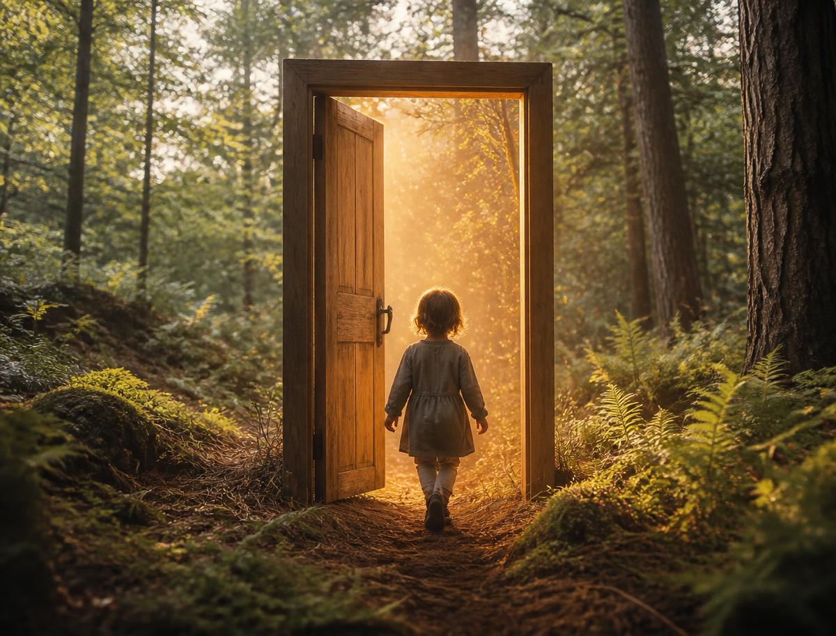 Una puerta en el bosque como umbral entre el mundo real y el mágico